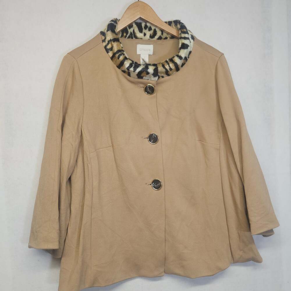 Chicos Tan Neutral Animal Print Collar Crop Sleeve Blazer Jacket Size 2 / US L